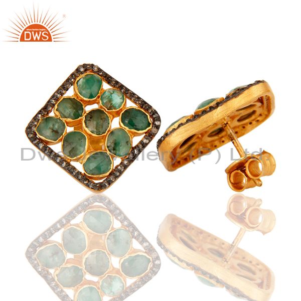 Suppliers Natural Emerald And Pave Set Diamond 925 Sterling Silver Cushion Stud Earrings