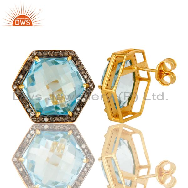 Suppliers Blue Topaz And Pave Set Diamond Hexagon Stud Earrings Made In 18K Gold On Silver