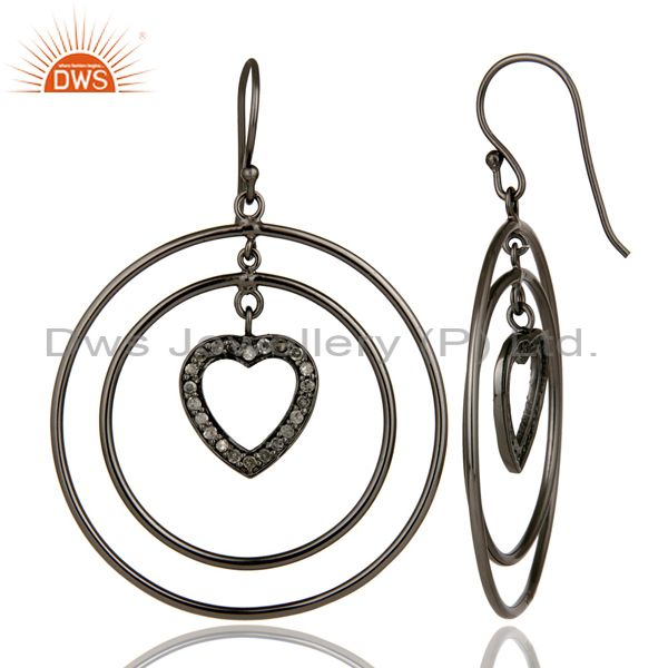 Suppliers Oxidized Sterling Silver Pave Set Diamond Heart Design Circle Dangle Earrings