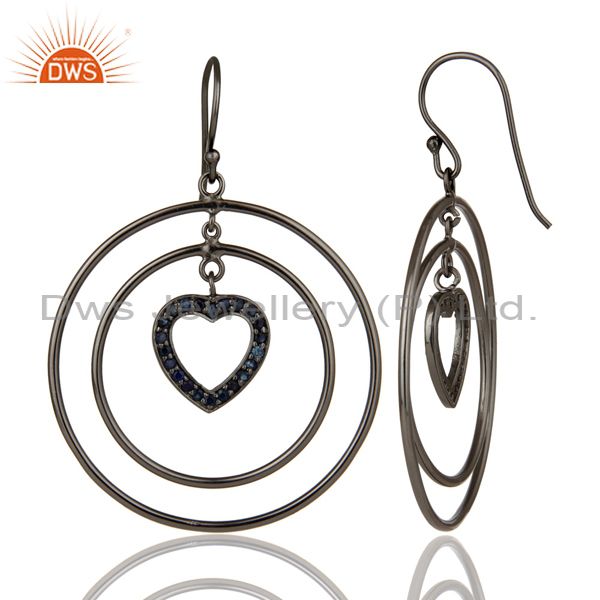 Suppliers Oxidized Sterling Silver Blue Sapphire Heart Design Multi Circle Dangle Earrings