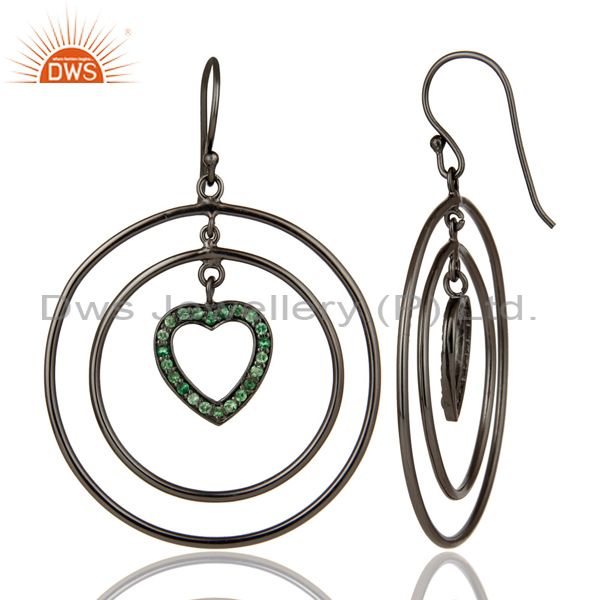 Suppliers Oxidized Sterling Silver Tsavourite Heart Design Multi Circle Dangle Earrings
