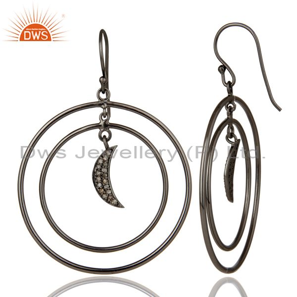 Suppliers Oxidized Sterling Silver Pave Diamond Half Moon Charm Circle Dangle Earrings