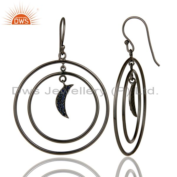 Suppliers Oxidized Sterling Silver Blue Sapphire Half Moon Charm Circle Dangle Earrings