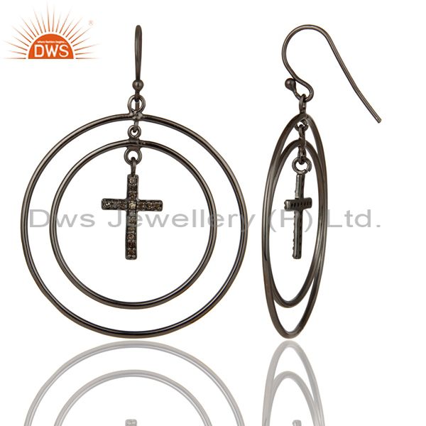 Suppliers Oxidized Sterling Silver Pave Setting Diamond Cross Circle Dangle Earrings