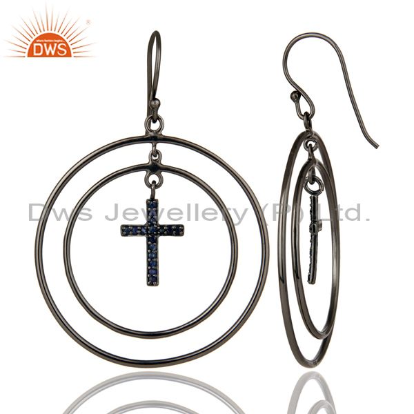 Suppliers Oxidized Sterling Silver Pave Setting Blue Sapphire Cross Circle Dangle Earrings