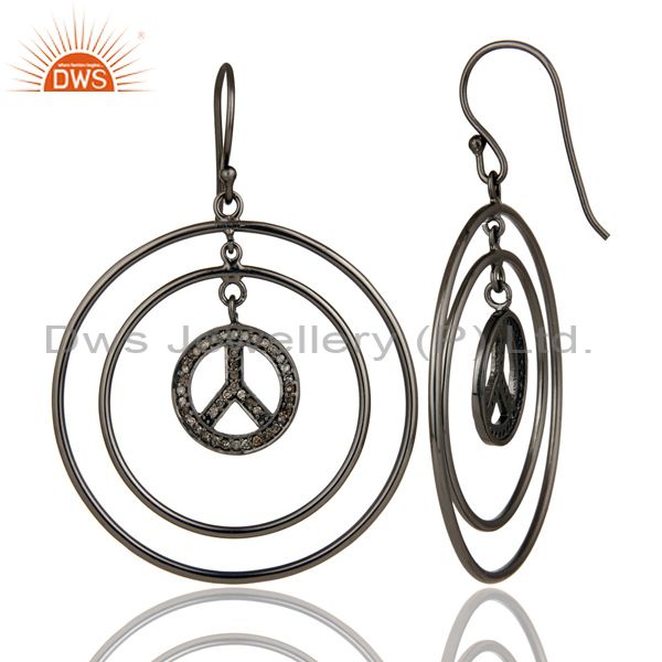 Suppliers Oxidized Sterling Silver Pave Setting Diamond Peace Sign Circle Dangle Earrings