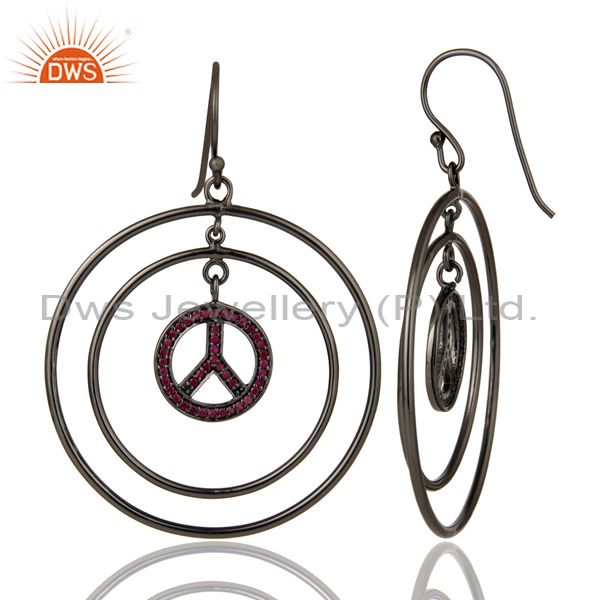 Suppliers Oxidized Sterling Silver Pave Setting Ruby Peace Sign Birthstone Dangle Earrings
