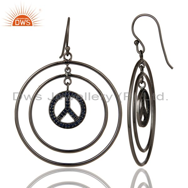 Suppliers Oxidized Sterling Silver Pave Setting Blue Sapphire Peace Sign Dangle Earrings