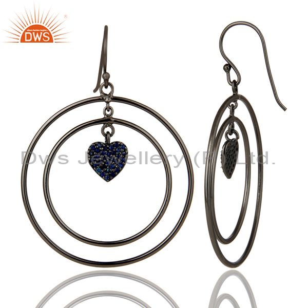 Suppliers Oxidized Sterling Silver Pave Blue Sapphire Heart Design Circle Dangle Earrings