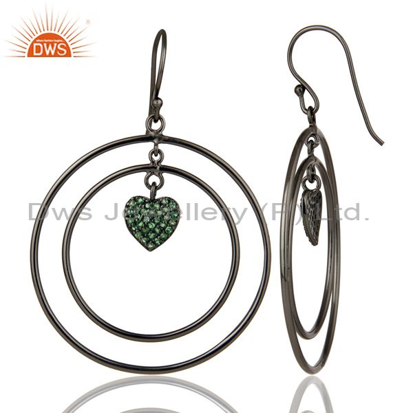 Suppliers Oxidized Sterling Silver Pave Set Tsavorite Heart Design Circle Dangle Earrings