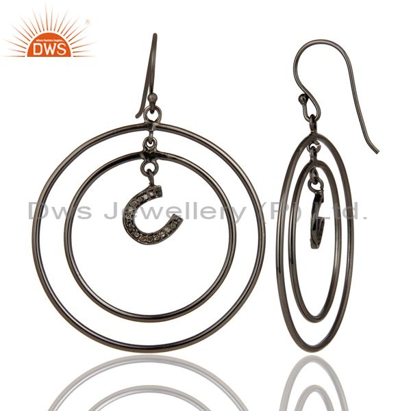 Suppliers Oxidized Sterling Silver Pave Diamond Horseshoes Design Circle Dangle Earring