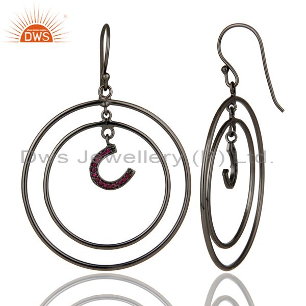 Suppliers Oxidized Sterling Silver Pave Ruby Horseshoes Design Multi Circle Dangle Earring