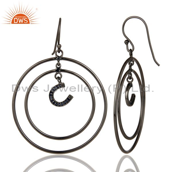 Suppliers Oxidized Sterling Silver Pave Blue Sapphire Horseshoes Circle Dangle Earring
