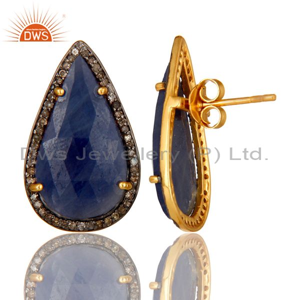 Suppliers 18K Yellow Gold Sterling Silver Pave Set Diamond Blue Sapphire Stud Earrings