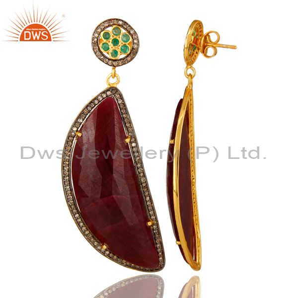 Suppliers 18K Yellow Gold Sterling Silver Pave Diamond And Ruby Slice Dangle Earrings