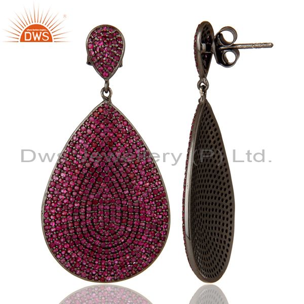 Suppliers Oxidized Sterling Silver Pave Setting Natural Ruby Teardrop Earrings