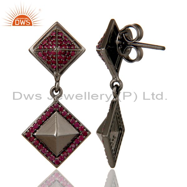 Suppliers Oxidized Sterling Silver Pave Setting Ruby Birthstone Pyramid Dangle Earring