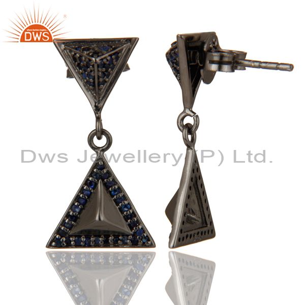 Suppliers Pave Setting Blue Sapphire Oxidized Sterling Silver Pyramid Dangle Drop Earring