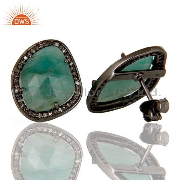 Suppliers Emerald and Diamond Black Oxidized Sterling Silver Stud Earring