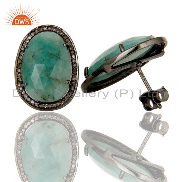Suppliers Diamond and Emerald Black Oxidized Sterling Silver Earring Stud