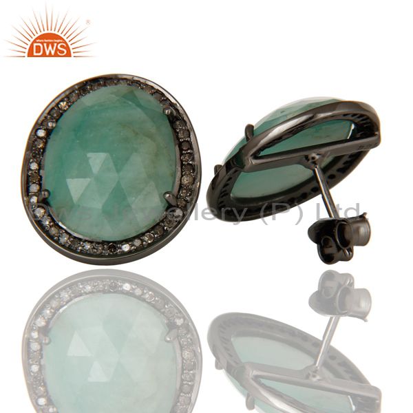 Suppliers Oxidized Sterling Silver Diamond and Emerald Stud Earring