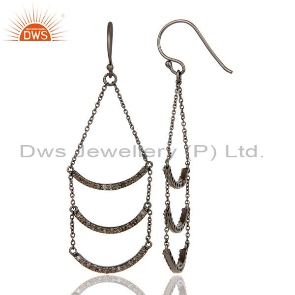 Suppliers Lotus Dangler Earring Oxidized Sterling Silver Earring with Diamond