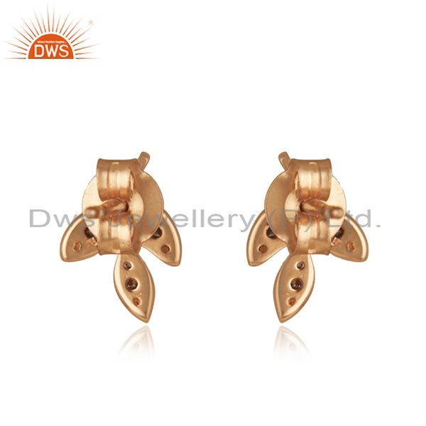 Exporter Leaf Design Rose Gold Plated Pave Diamond Stud Earrings Supplier