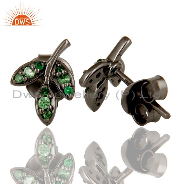 Suppliers Tsavourite and Black Oxidized Sterling Silver Leaf Style Stud Earring