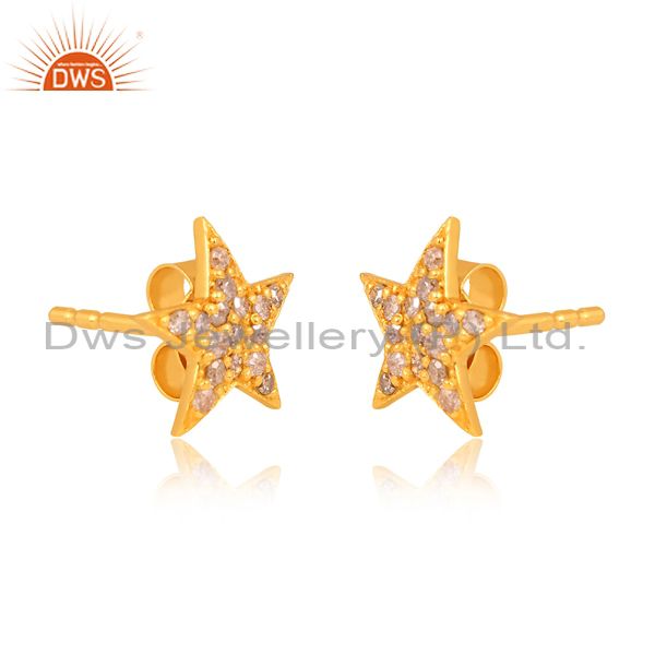 Round Cut Diamond Set Gold On Sterling Silver Star Earrings