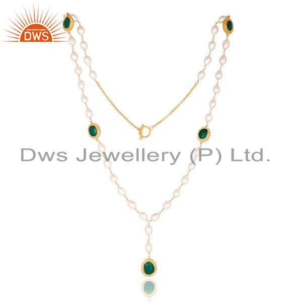 Suppliers 14K Yellow Gold Plated Sterling Silver Green Onyx And Pearl Statement Necklace