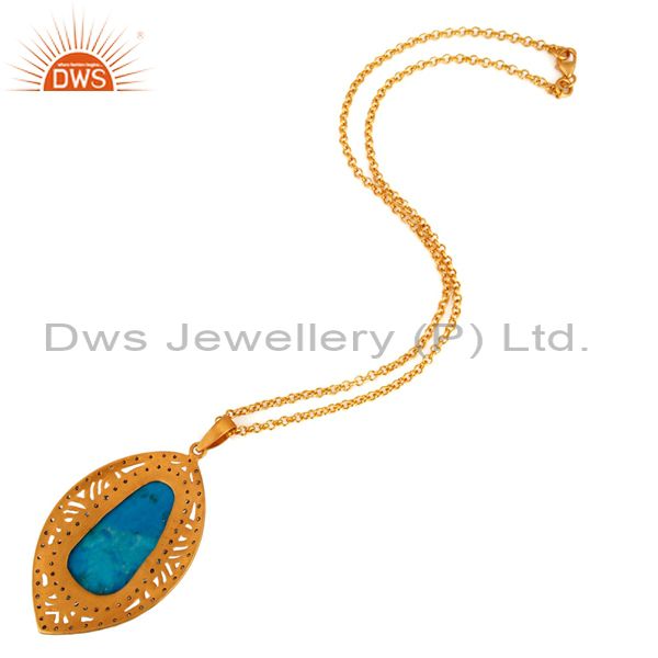Suppliers 18k Gold Over Sterling Silver Turquoise Gemstone Pave Diamond Designer Pendant