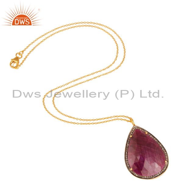 Exporter 18K Yellow Gold Sterling Silver Natural Ruby And Pave Diamond Pendant With Chain