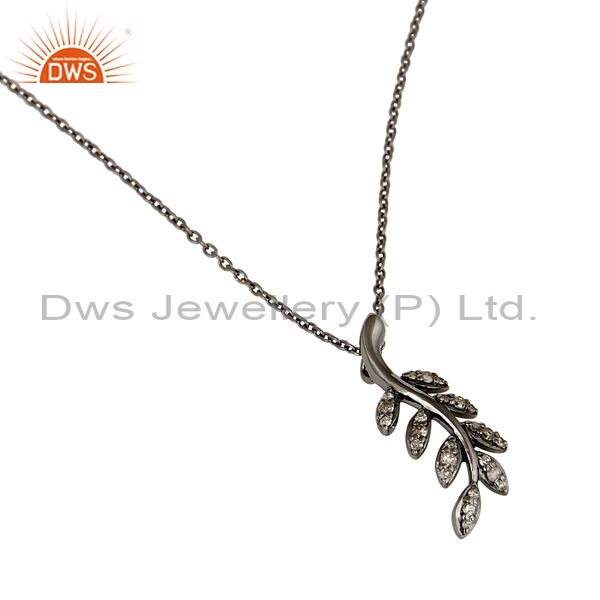 Exporter 925 Sterling Silver Handmade Oxidized Leaf Design Pave Diamond Pendant Jewelry
