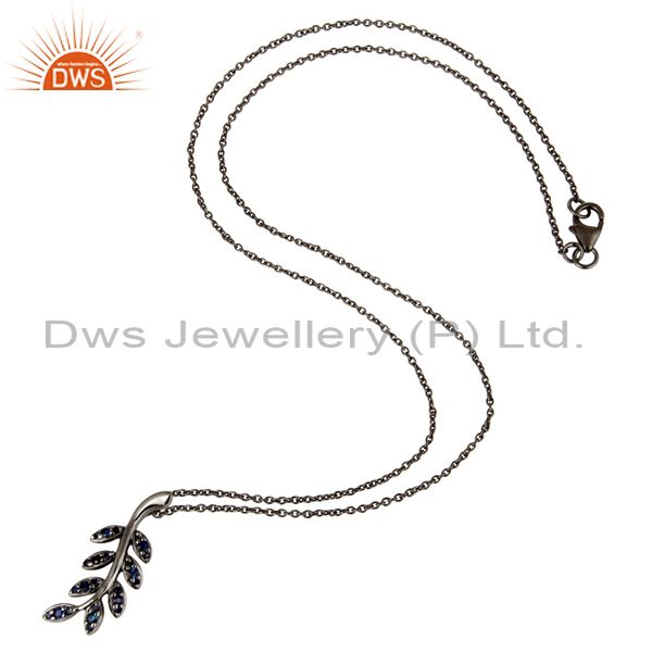 Suppliers Black Oxidized With Blue Sapphire Leaf Design Sterling Silver Pendant Necklace