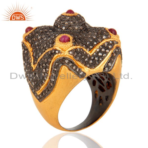 Suppliers 18K Gold Over 925 Sterling Silver Ruby Diamond Pave Designer Dome Ring