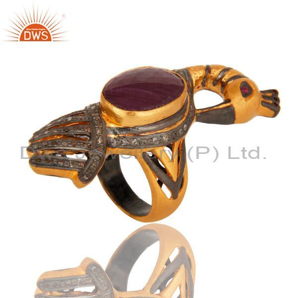 Suppliers Ruby And Pave Diamond Peacock Ring In 18K Yellow Gold On Sterling Silver