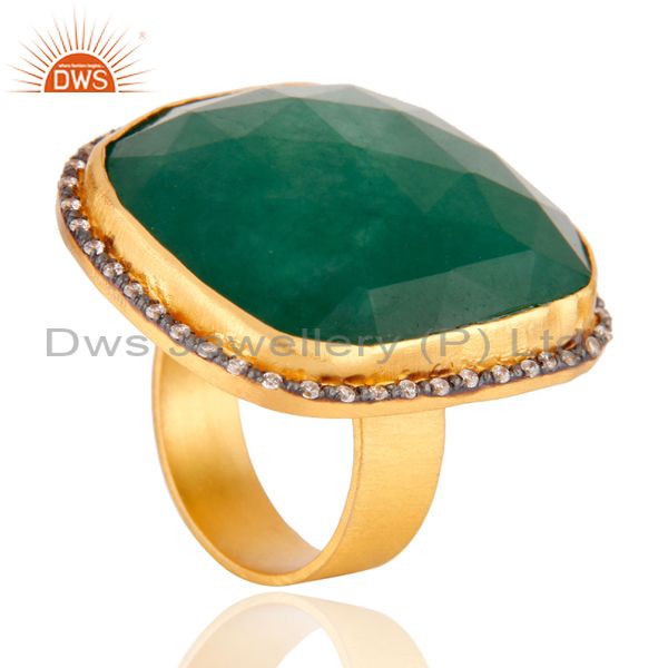 Suppliers 18K Yellow Gold Plated Green Aventurine And CZ Cocktail Fashion Ring
