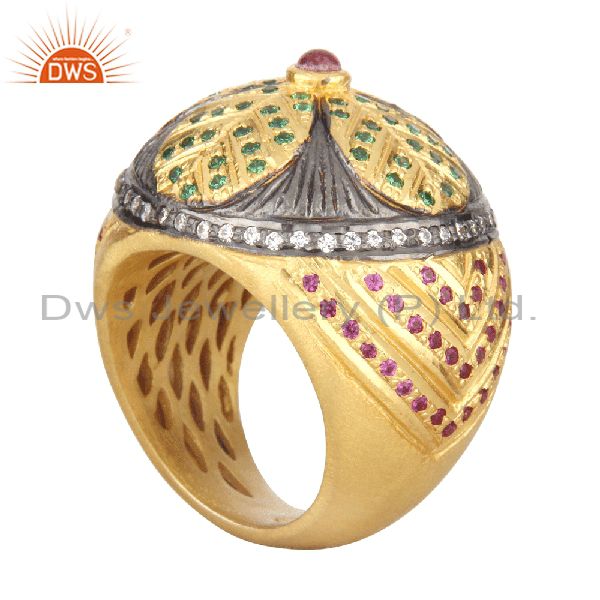 Suppliers 18K Yellow Gold Plated Brass Mix Color Cubic Zirconia Dome Ring