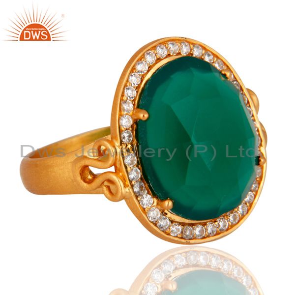 Suppliers 18K Gold Plated Sterling Silver Prong Set Green Onyx Ring With CZ