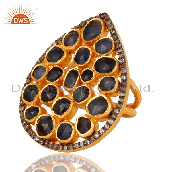Exporter 925 Silver Blue Sapphire Slice Diamond Texture Finished 18k Gold Plated Ring