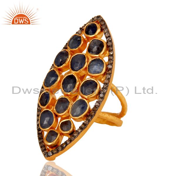 Suppliers 18K Yellow Gold Over Sterling Silver Blue Sapphire Pave Diamond Statement Ring