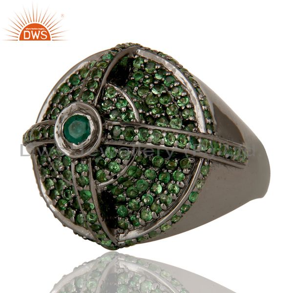 Suppliers Victorian Estate Style Pave Tsavourite and Emerald Gemstone Silver Dome Ring