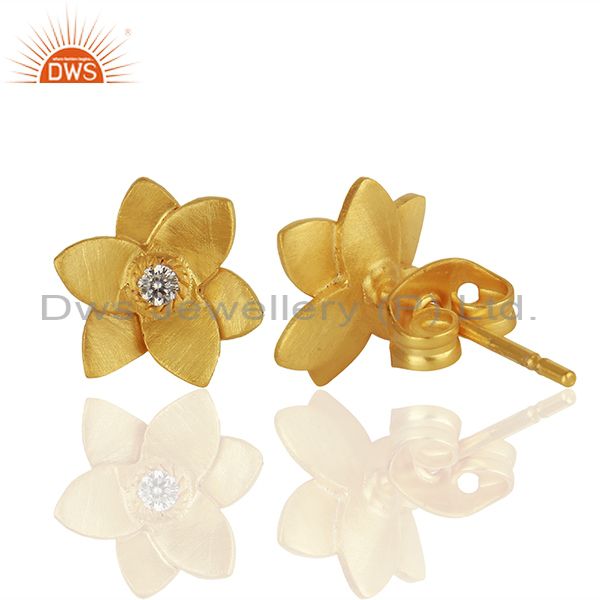 Suppliers 18k Gold Plated with White Zircon Flower Design Brass Earrings Jewellery