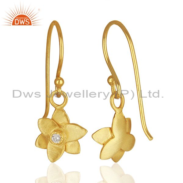 Suppliers 18k Gold Plated with White Zircon Flower Design Dangle Brass Earrings Jewellery