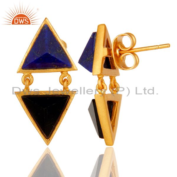 Suppliers Handmade Lapis & Black Onyx Tip Top Design Brass Earrings with 18k Gold Plated