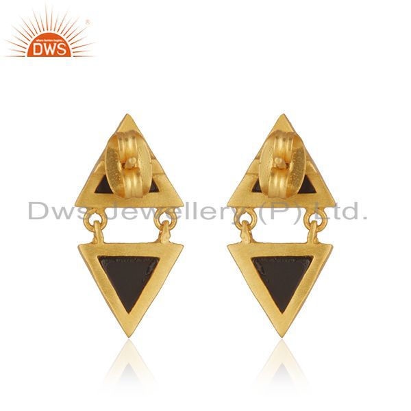 Suppliers Handmade Gold Plated Brass Fashion Black Onyx Gemstone Girls Earrings