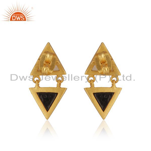 Suppliers Rainbow Moonstone and Black Onyx Gemstone Brass Fashion Earrings
