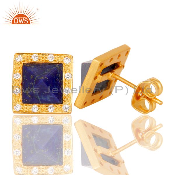 Suppliers Handmade Lapis & CZ Cushion Design Brass Stud Earrings with 18k Gold Plated