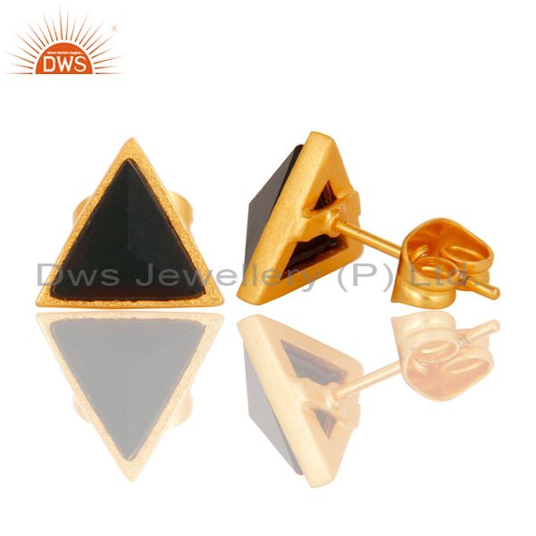 Suppliers Handmade Black Onyx Design Brass Stud Earrings with 18k Gold Plated