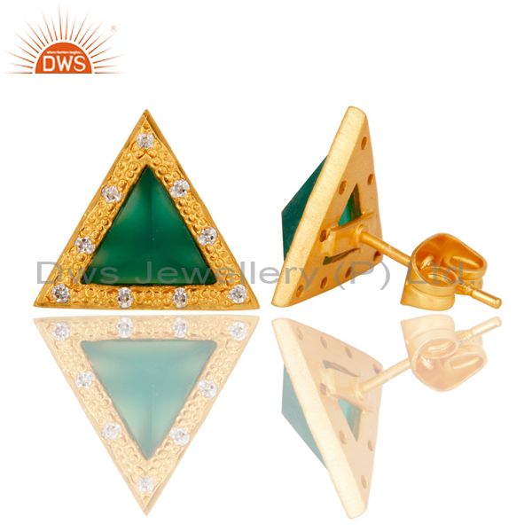 Suppliers Green Onyx & Cubic Zarconia Design Brass Stud Earrings with 18k Gold Plated